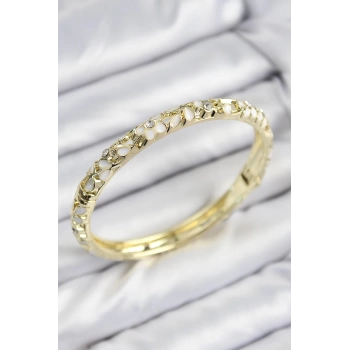 Mineli Pirinç Zirkon Taşlı Beyaz Çiçek Motifli Gold Kadın Kelepçe