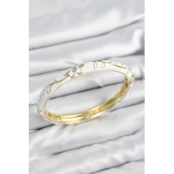 Mineli Pirinç Zirkon Taşlı Beyaz Çiçek Motifli Gold Kadın Kelepçe