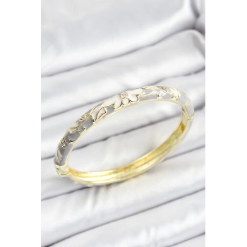 Mineli Pirinç Zirkon Taşlı Gri Çiçek Desenli Gold Renk Kadın Kelepçe