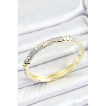 Mineli Pirinç Zirkon Taşlı Gri Çiçek Desenli Gold Renk Kadın Kelepçe