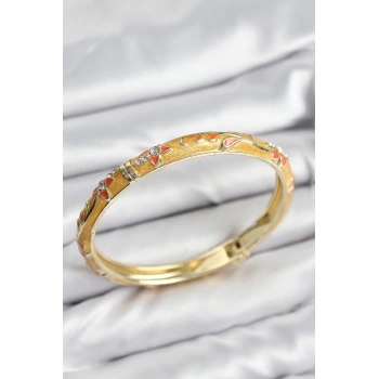 Mineli Pirinç Zirkon Taşlı Hardal Çiçek Motifli Gold Kadın Kelepçe