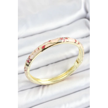 Mineli Pirinç Zirkon Taşlı Kırmızı Çiçek Desenli Gold Renk Kadın Kelepçe