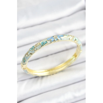 Mineli Pirinç Zirkon Taşlı Mavi Çiçek Desenli Gold Renk Kadın Kelepçe