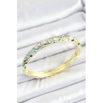 Mineli Pirinç Zirkon Taşlı Mavi Çiçek Desenli Gold Renk Kadın Kelepçe