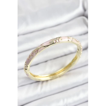 Mineli Pirinç Zirkon Taşlı Pembe Çiçek Desenli Gold Renk Kadın Kelepçe