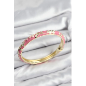 Mineli Pirinç Zirkon Taşlı Pembe Çiçek Motifli Gold Kadın Kelepçe