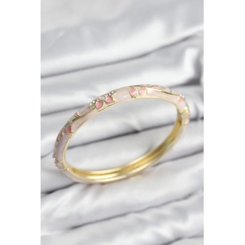 Mineli Pirinç Zirkon Taşlı Pembe Çiçek Motifli Gold Kadın Kelepçe