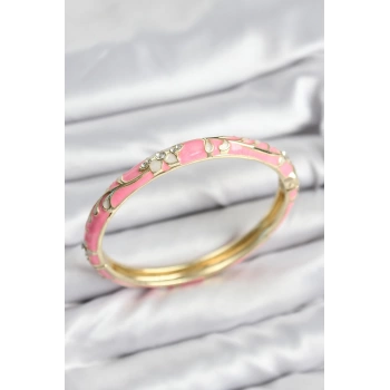 Mineli Pirinç Zirkon Taşlı Pembe Çiçek Motifli Gold Kadın Kelepçe