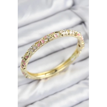 Mineli Pirinç Zirkon Taşlı Pembe Çiçek Motifli Gold Kadın Kelepçe
