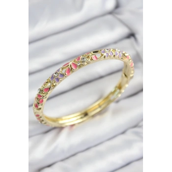 Mineli Pirinç Zirkon Taşlı Pembe Mor Çiçek Motifli Gold Kadın Kelepçe