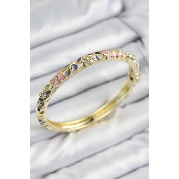 Mineli Pirinç Zirkon Taşlı Pembe Mor Çiçek Motifli Gold Kadın Kelepçe