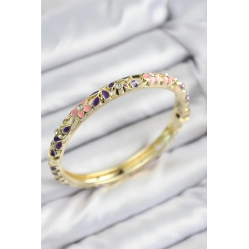 Mineli Pirinç Zirkon Taşlı Pembe Mor Çiçek Motifli Gold Kadın Kelepçe