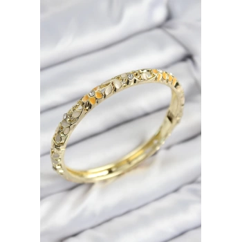 Mineli Pirinç Zirkon Taşlı Sarı Krem Çiçek Motifli Gold Kadın Kelepçe