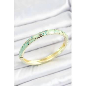Mineli Pirinç Zirkon Taşlı Su Yeşili Çiçek Desenli Gold Renk Kadın Kelepçe