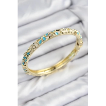 Mineli Pirinç Zirkon Taşlı Turkuaz Krem Çiçek Motifli Gold Kadın Kelepçe