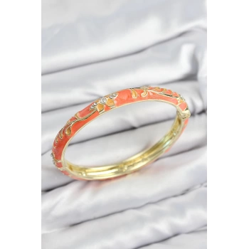 Mineli Pirinç Zirkon Taşlı Turuncu Çiçek Motifli Gold Kadın Kelepçe
