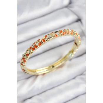 Mineli Pirinç Zirkon Taşlı Turuncu Çiçek Motifli Gold Kadın Kelepçe