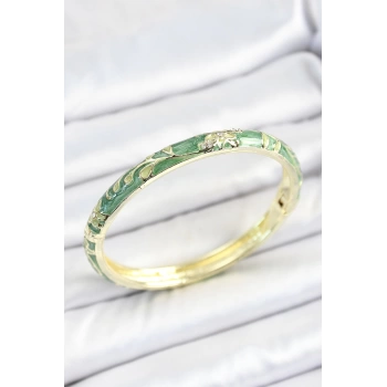 Mineli Pirinç Zirkon Taşlı Yeşil Çiçek Desenli Gold Renk Kadın Kelepçe