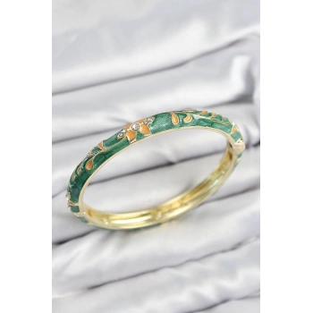 Mineli Pirinç Zirkon Taşlı Yeşil Çiçek Motifli Gold Kadın Kelepçe