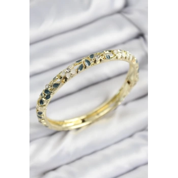 Mineli Pirinç Zirkon Taşlı Yeşil Krem Çiçek Motifli Gold Kadın Kelepçe
