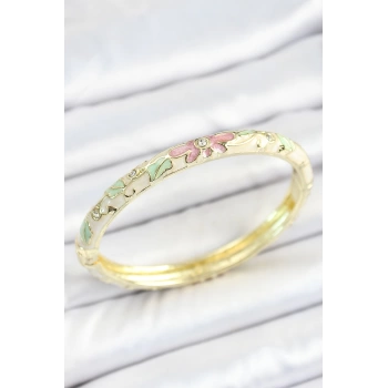 Mineli Pirinç Zirkon Taşlı Yeşil Pembe Çiçek Desenli Gold Renk Kadın Kelepçe