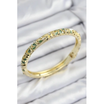 Mineli Pirinç Zirkon Taşlı Yeşil Sarı Çiçek Motifli Gold Kadın Kelepçe