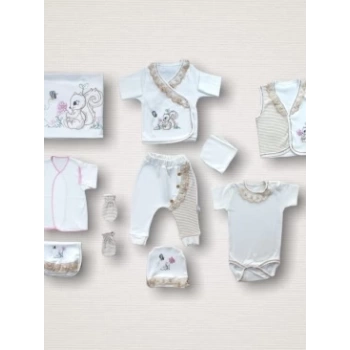 Minik Sincap Nakışlı %100 Cotton Antibakteriyel 10lu Zıbın Takımı Hastane Çıkışı