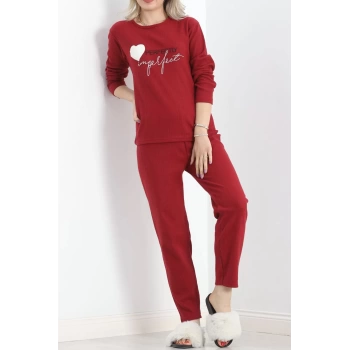 Nakışlı Fitilli Pijama Takımı Bordo - 19219.1048.