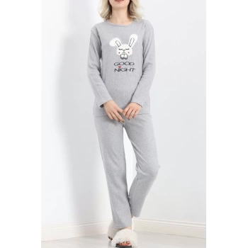 Nakışlı Fitilli Pijama Takımı Gri - 19219.1048.