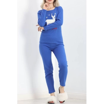 Nakışlı Fitilli Pijama Takımı Saks - 19219.1048.