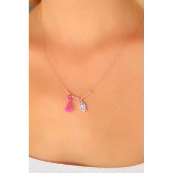 Nazar Boncuklu Pembe Renk Taşlı Rose Bayan Kolye