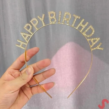 Nessiworld   Altın Gold Renk Kristal Taşlı Parlak Happy Birthday Taç 16x17 cm