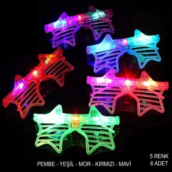 Nessiworld Işıklı Yıldız Şekilli Led Parti Gözlüğü 5 Renk 6’lı Set