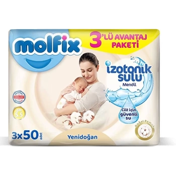 Nessiworld Molfix Yenidoğan İzotonik Sulu Doğal Pamuk Islak Havlu Mendil 3Lü 150 Yaprak