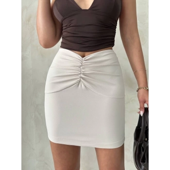 Önü büzgülü etek bej s24222