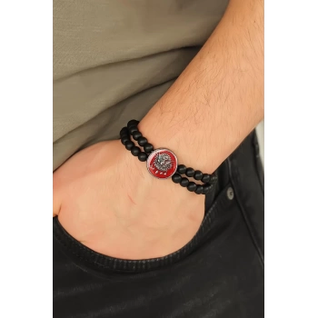 Osmanlı Tuğralı Kırmızı Metal Aksesuarlı Siyah Oniks Doğal Taş Erkek Bileklik
