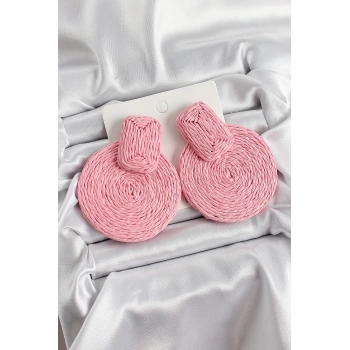 Pembe Daire Figürlü Hasır Örgü Model Gold Renk Kadın Küpe