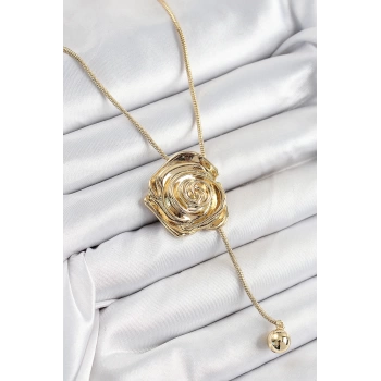 Pirinç Asansörlü Gül Model Gold Renk Kadın Kolye