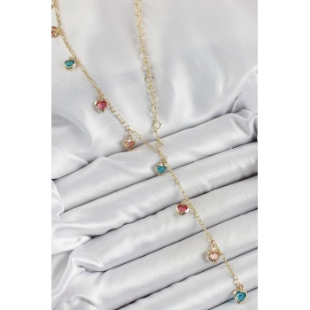 Pirinç Asorti Kalp Model Gold Renk Zirkon Taşlı Y Kolye