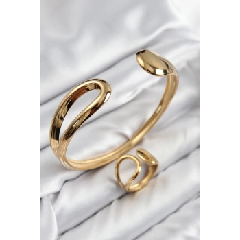Pirinç Ayrık Model Gold Renk Bileklik Yüzük Set
