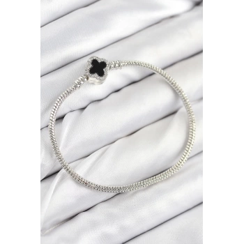 Pirinç Charm Zirkon Taşlı Yonca Model Gümüş Renk Kadın Bileklik