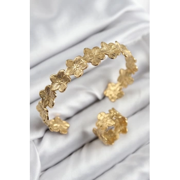Pirinç Çiçek Model Gold Renk Bileklik Yüzük Set