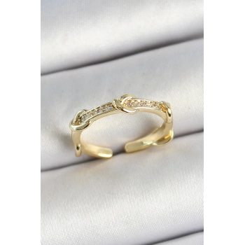 Pirinç Düğüm Figürlü Zirkon Taşlı Gold Renk Ayarlanabilir Kadın Yüzük