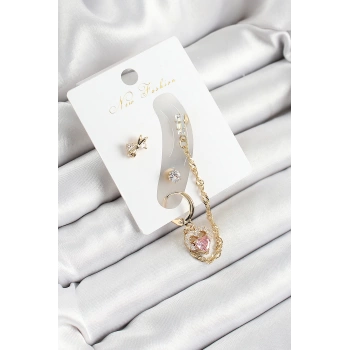 Pirinç Fiyonk ve Kalp Figürlü Zirkon Taşlı Gold Renk 3lü Kıkırdak Kadın Küpe Set