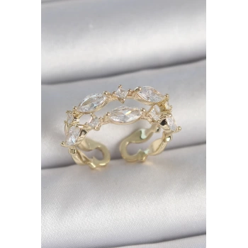 Pirinç Gold Renk 2Li Damla Zirkon Taşlı Ayarlanabilir Kadın Yüzük