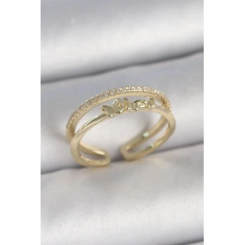 Pirinç Gold Renk 2Li Sıra Zirkon Taş Detaylı Kelebek Figürlü Ayarlanabilir Model Kadın Yüzük