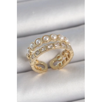 Pirinç Gold Renk 2Li Zirkon Taşlı Ve İncili Ayarlanabilir Kadın Yüzük
