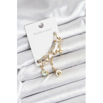 Pirinç Gold Renk Ay Model Kadın Set Küpe
