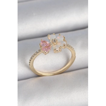 Pirinç Gold Renk Beyaz Mineli Pembe Zirkon Taşlı Çiçek Model Kadın Yüzük