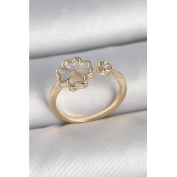 Pirinç Gold Renk Beyaz Mineli Yonca Model Zirkon Taş Detay Ayarlanabilir Kadın Yüzük